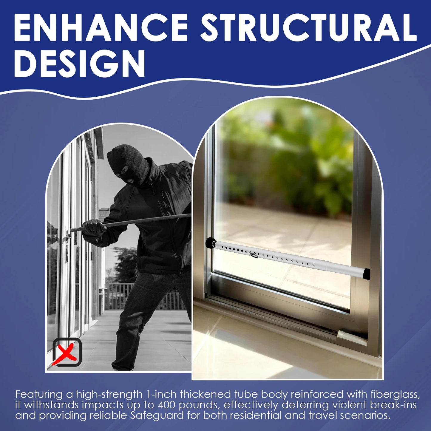 1/2Pcs Sliding Door Security Bar 17-53.5 Inch Adjustable Door Security Bar with Rubber Tips Glass Door Jammer for Home Apartment